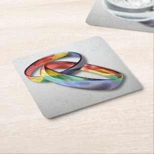 Rainbow Wedding Rings for Marriage Equality Square Paper Coaster