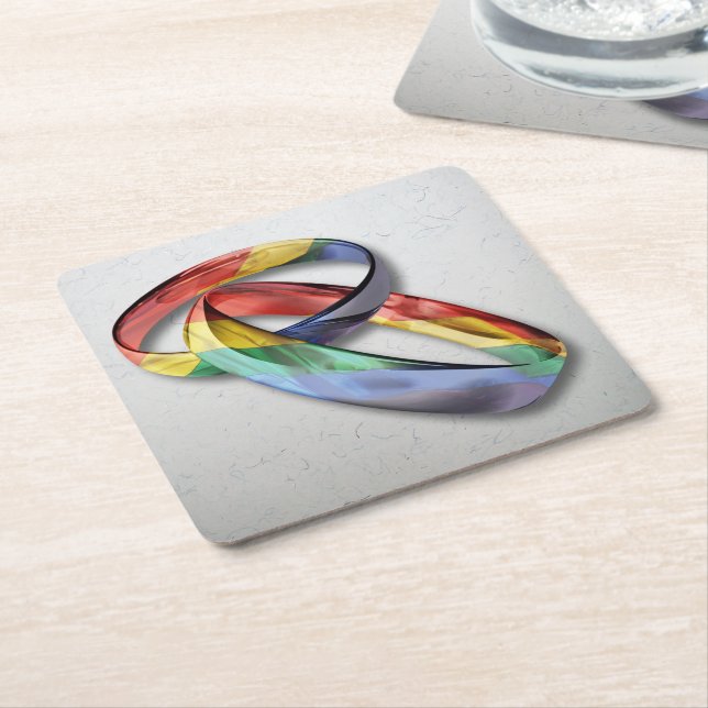 Rainbow Wedding Rings for Marriage Equality Square Paper Coaster (Angled)