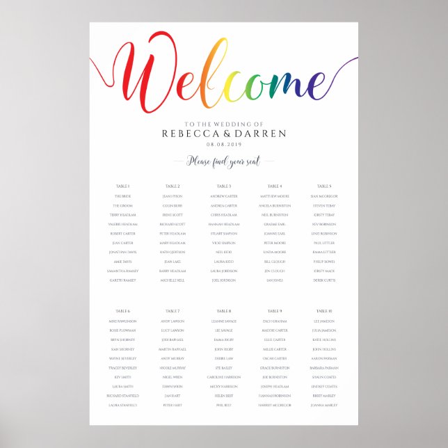 Rainbow Wedding Seating Chart with 10 Tables (Front)