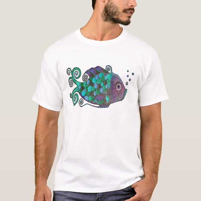 Rainbow Whimsical Fish Blue & Purple Hue Art T-Shirt (Front)