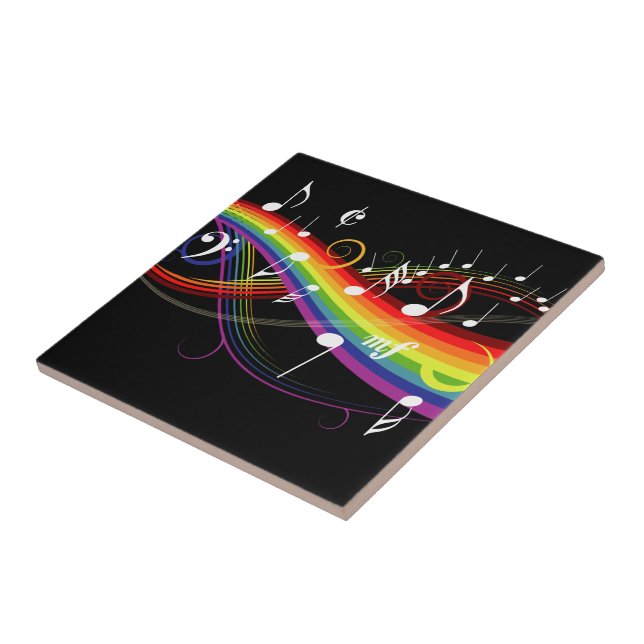 Rainbow White Music Notes on Black Ceramic Tile (Side)