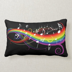 Rainbow White Music Notes on Black Lumbar Cushion