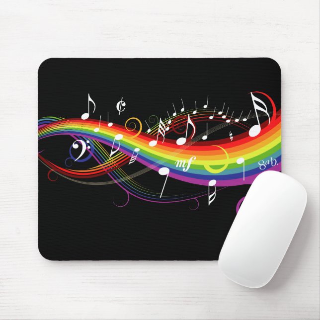 Rainbow White Music Notes on Black Mouse Pad (With Mouse)