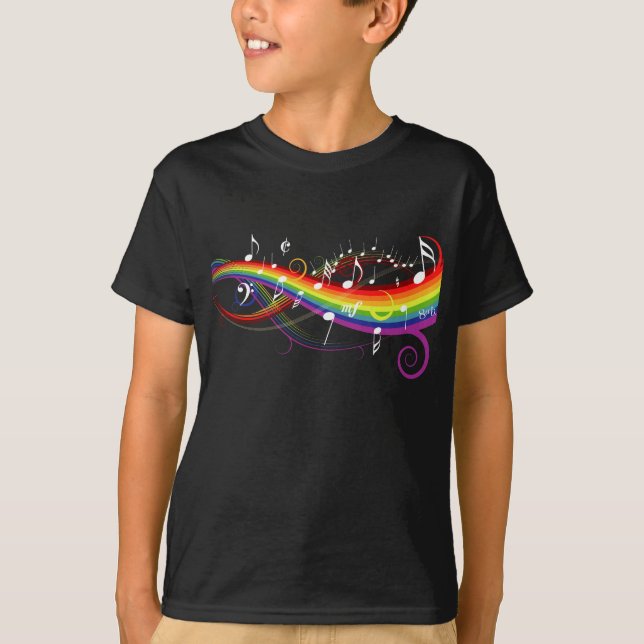 Rainbow White Music Notes on Black T-Shirt (Front)