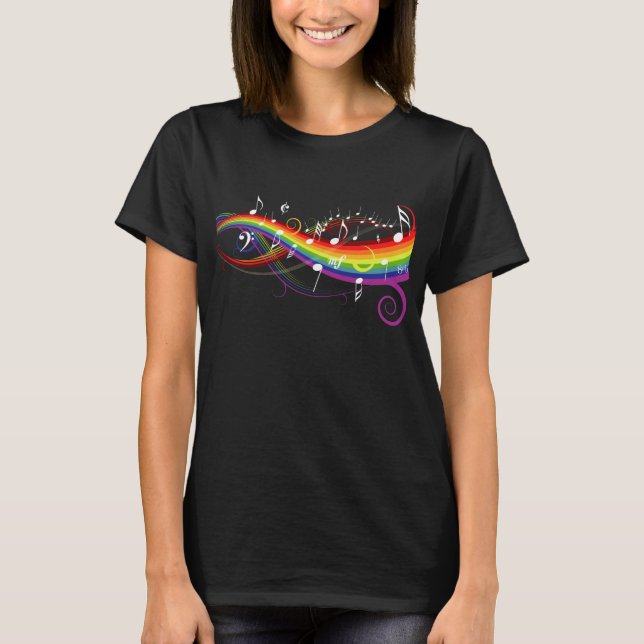 Rainbow White Music Notes on Black T-Shirt (Front)