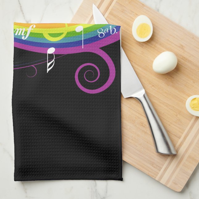 Rainbow White Music Notes on Black Tea Towel (Quarter Fold)