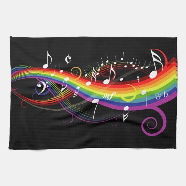Rainbow White Music Notes on Black Tea Towel (Horizontal)