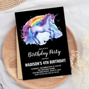 Rainbow White Unicorn Birthday Invitations