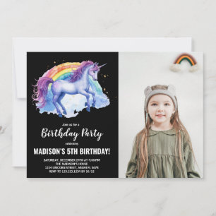 Rainbow White Unicorn Birthday Invitations photo