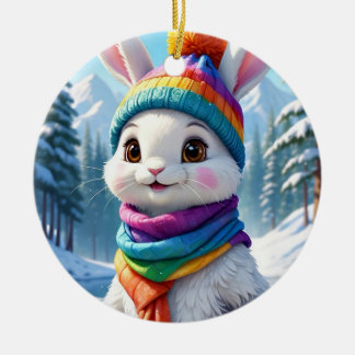 Rainbow White Winter Rabbit Ceramic Ornament
