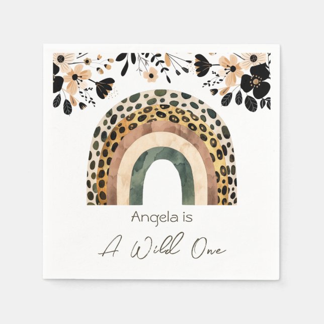 Rainbow Wild One Boho Floral Kids Birthday  Napkin (Front)