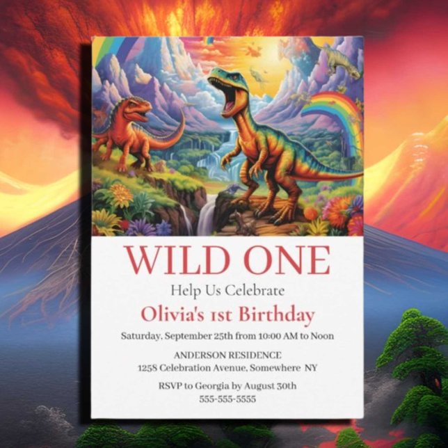 Rainbow Wild One dinosaurs birthday theme Invitation (If you have any questions or need assistance with anything, feel free to reach out. We're thrilled t)