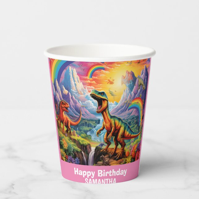 Rainbow Wild One dinosaurs Dinosaur Pink Paper Cups (Back)