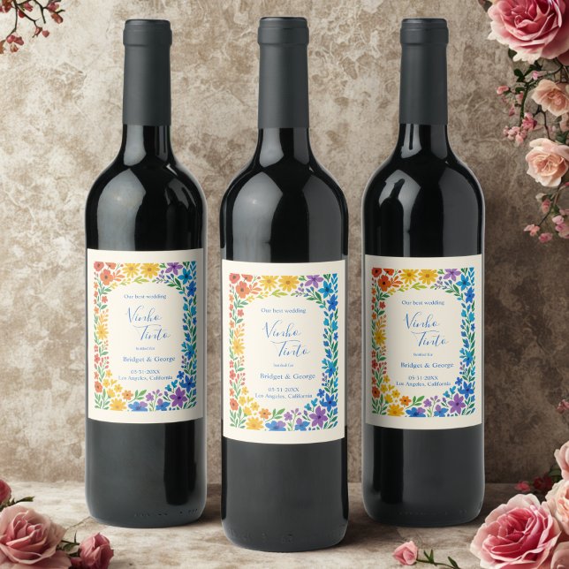 Rainbow Wildflower Rustic Floral Wedding  Wine Label (Creator Uploaded)