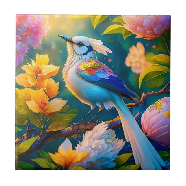 Rainbow Winged Jay Fantasy Bird Ceramic Tile (Front)