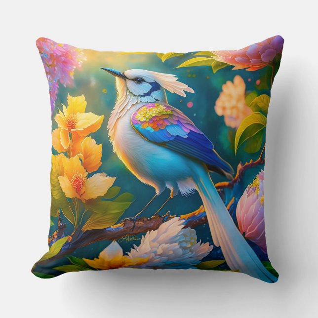 Rainbow Winged Jay Fantasy Bird Cushion (Front)