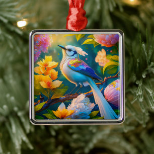 Rainbow Winged Jay Fantasy Bird Metal Ornament