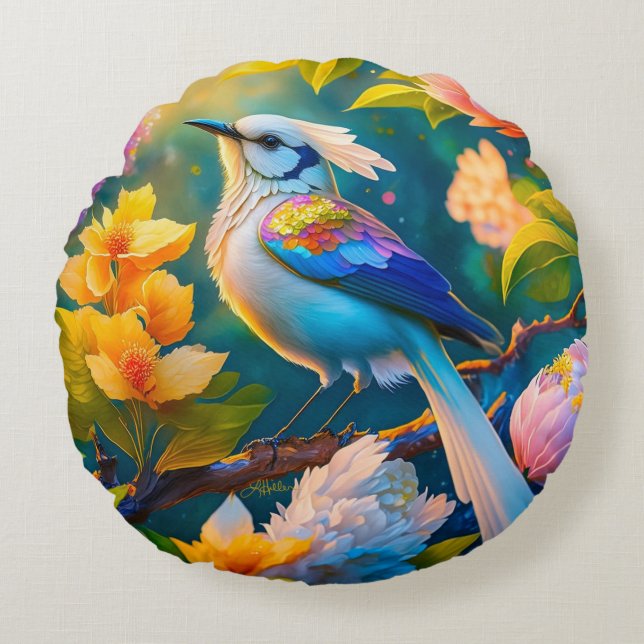 Rainbow Winged Jay Fantasy Bird Round Cushion (Front)