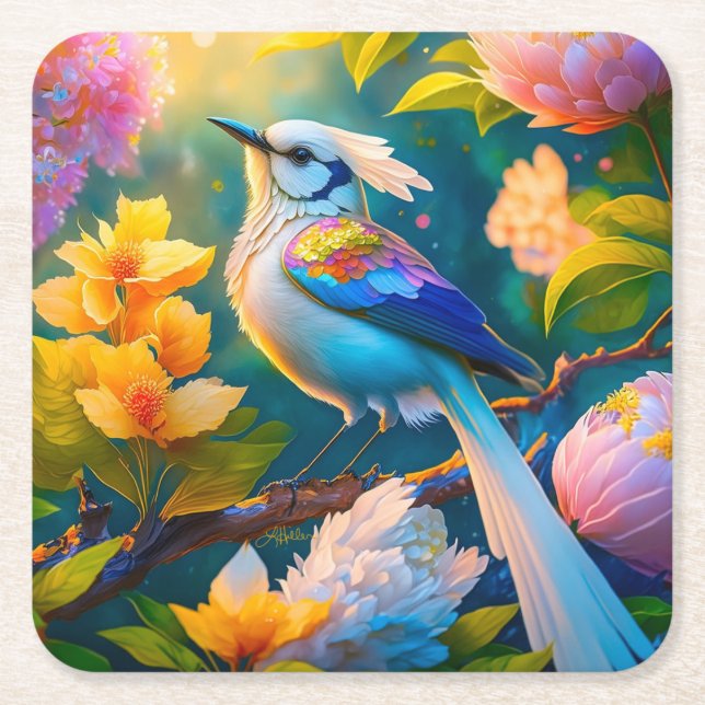 Rainbow Winged Jay Fantasy Bird Square Paper Coaster (Front)