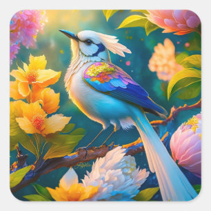 Rainbow Winged Jay Fantasy Bird Square Sticker