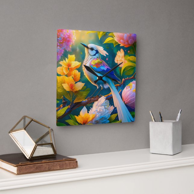 Rainbow Winged Jay Fantasy Bird Square Wall Clock (Office)