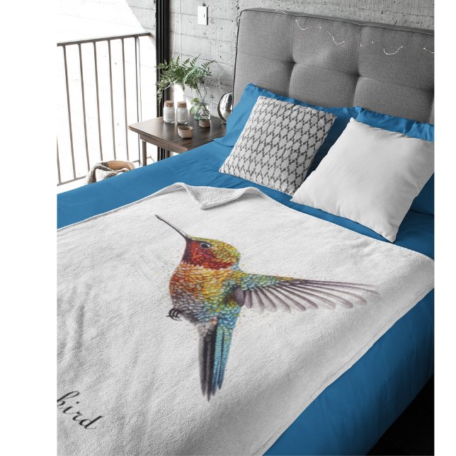 Rainbow Wings: Vibrant Hummingbird Art, custom  Fleece Blanket (Creator Uploaded)