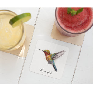 Rainbow Wings: Vibrant Hummingbird Art, custom  Glass Coaster