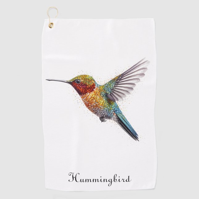 Rainbow Wings: Vibrant Hummingbird Art, custom Golf Towel (Front)