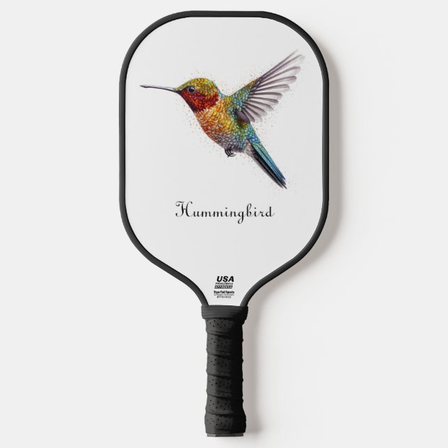 Rainbow Wings: Vibrant Hummingbird Art, custom Pickleball Paddle (Front)