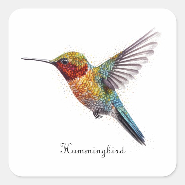  Rainbow Wings: Vibrant Hummingbird Art, custom Square Sticker (Front)