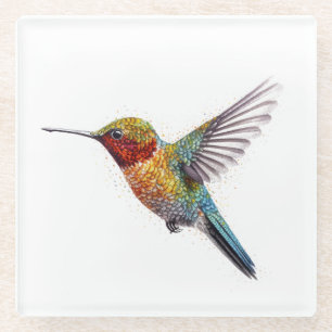 Rainbow Wings: Vibrant Hummingbird Art  Glass Coaster