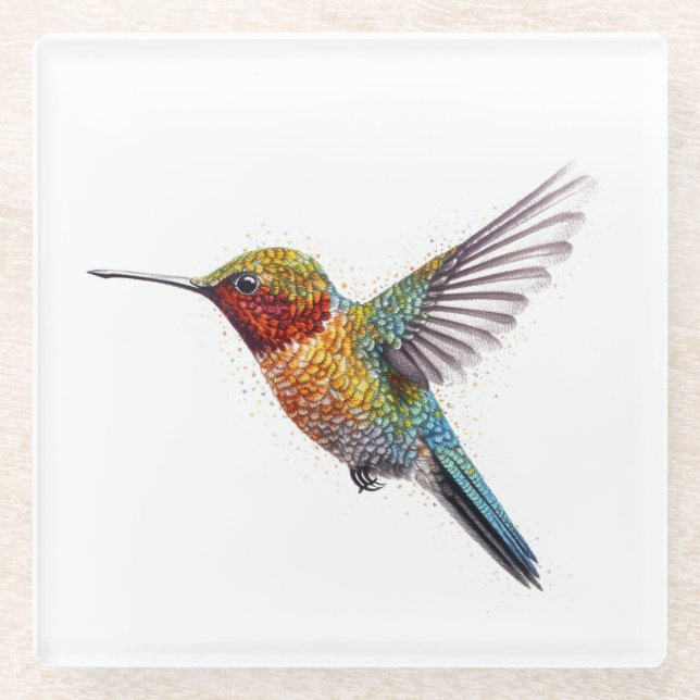 Rainbow Wings: Vibrant Hummingbird Art  Glass Coaster (Front)