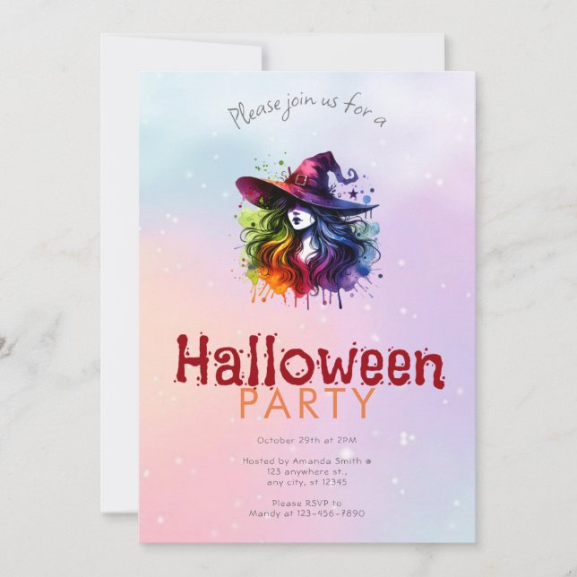 Rainbow Witch Hair Background  Halloween Party Invitation (Front)