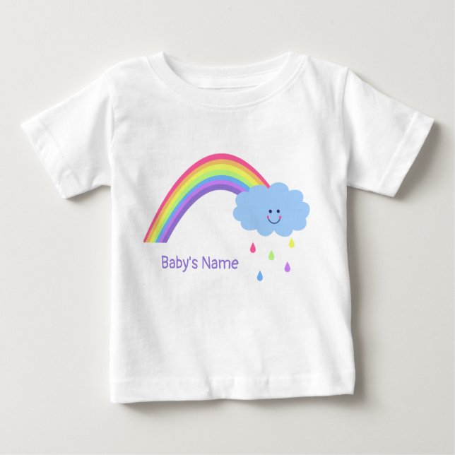 Rainbow with cloud and raindrops, personalised baby T-Shirt (Front)