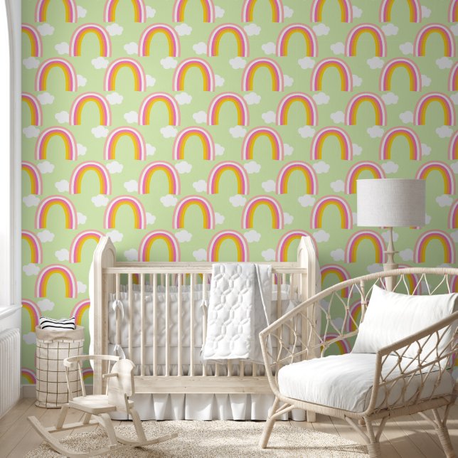 Rainbow with Cloud Light Green Wallpaper (Kids)