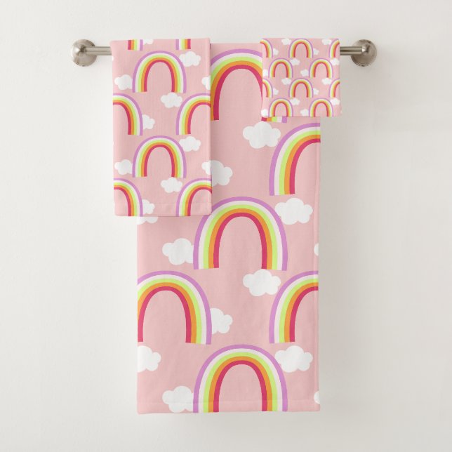 Rainbow with Cloud Pink Bath Towel Set (Insitu)