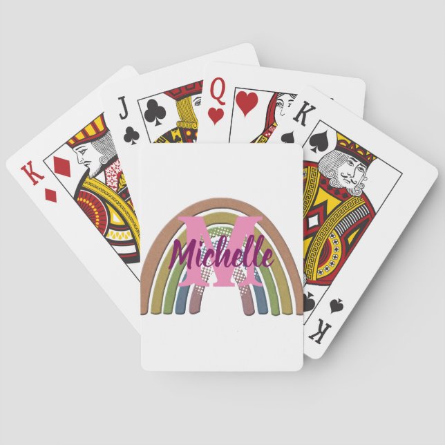 Rainbow With Faux Rustic Paper Texture Custom Name Playing Cards (Back)