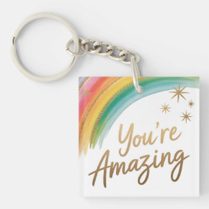 Rainbow with Gold Glitter and "You're Amazing"Text Key Ring