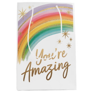 Rainbow with Gold Glitter and "You're Amazing"Text Medium Gift Bag