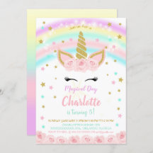 Rainbow With Pink Flowers Unicorn Invitation