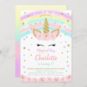 Rainbow With Pink Flowers Unicorn Invitation