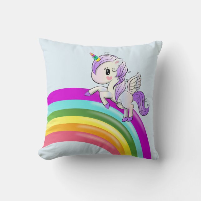 Rainbow with Unicorn Girly Throw Pillow (Front)