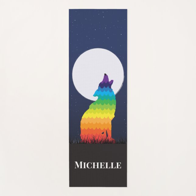 Rainbow Wolf and Moon Personalised Yoga Mat (Front)