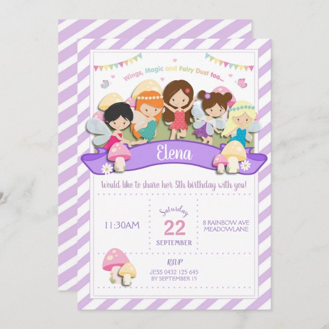 Rainbow Woodland Fairy Birthday Invitation Girl (Front/Back)