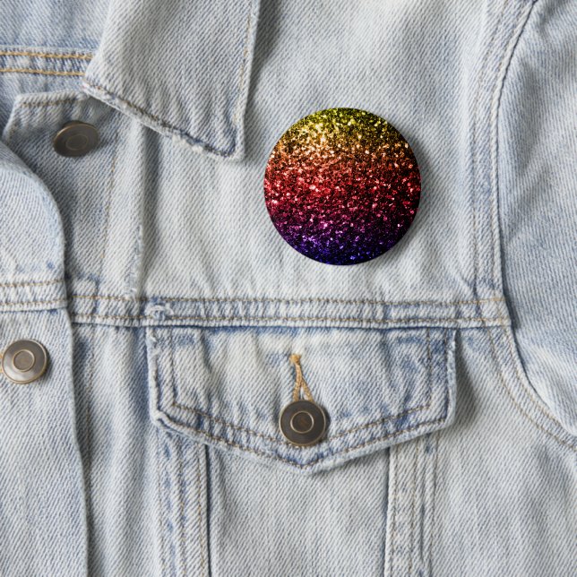 Rainbow yellow red purple faux glitter sparkles 6 cm round badge (In Situ)