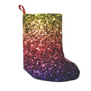 Rainbow yellow red purple faux glitter sparkles small christmas stocking