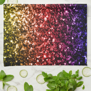 Rainbow yellow red purple faux glitter sparkles tea towel