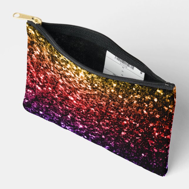 Rainbow yellow red purple faux sparkles accessory pouch (Open)
