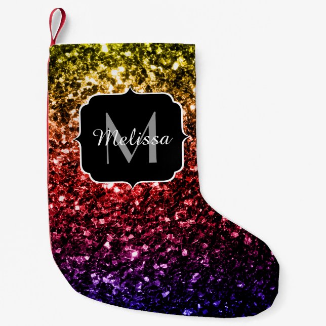 Rainbow yellow red purple faux sparkles Monogram Small Christmas Stocking (Front)