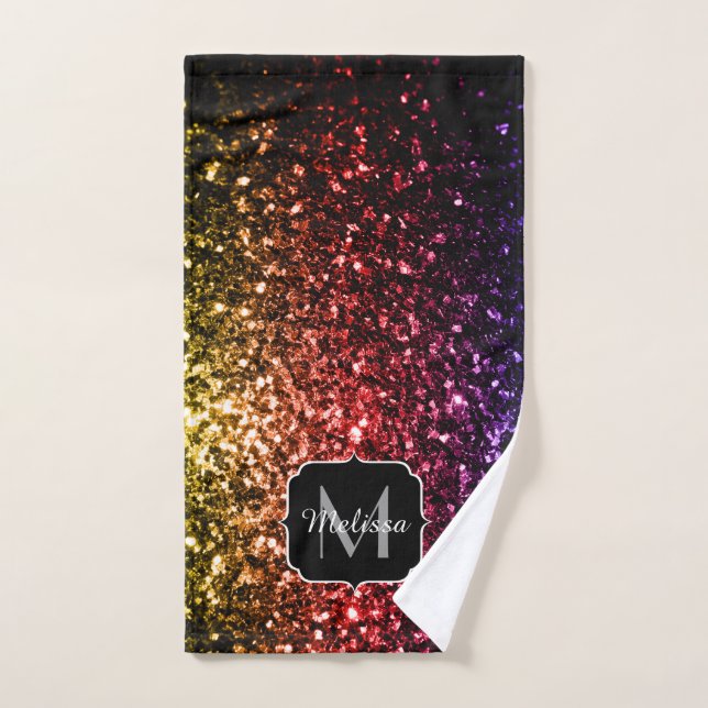 Rainbow yellow red purple sparkles Monogram Bath Towel Set (Hand Towel)